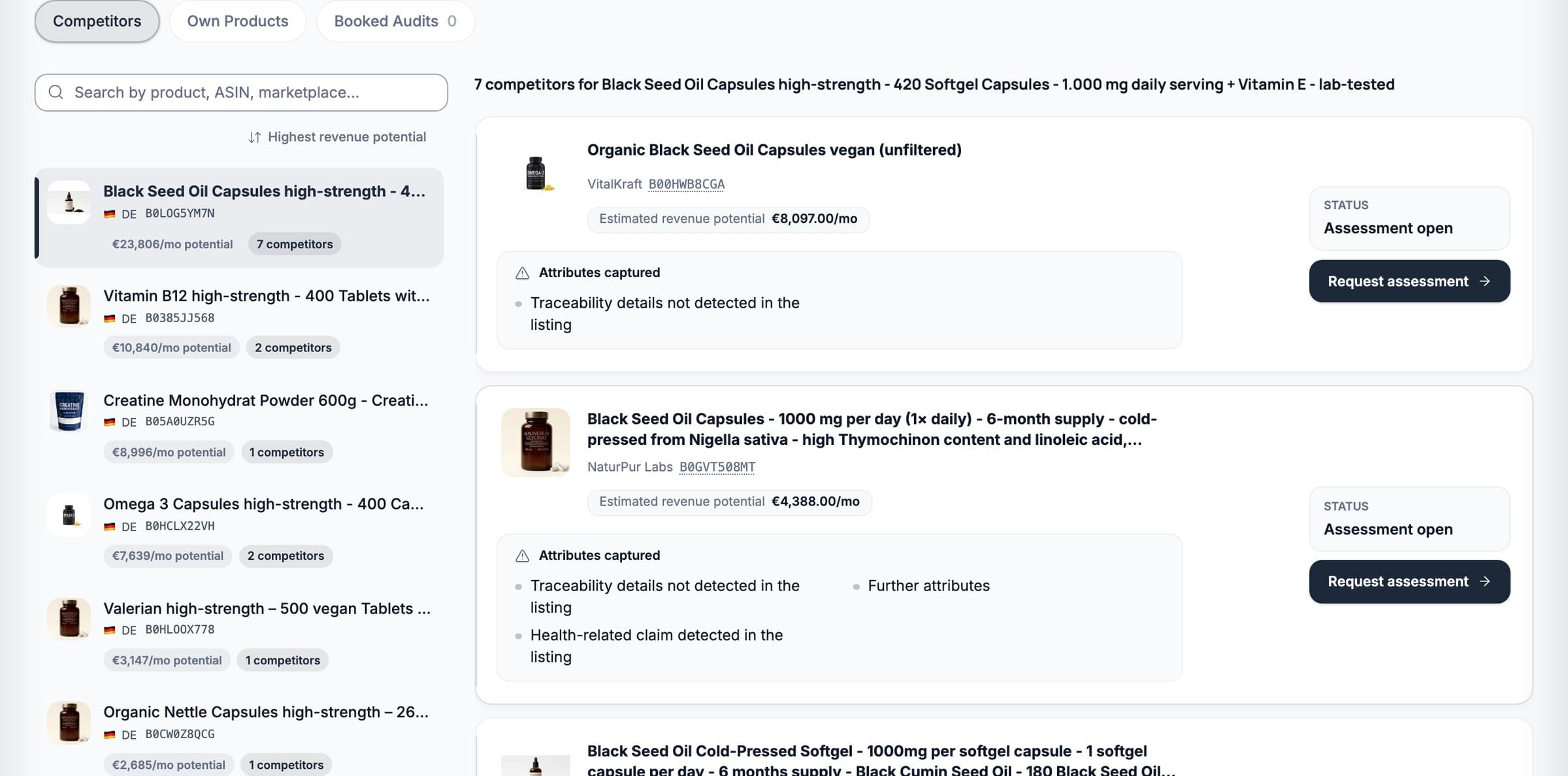 Refix compliance dashboard with captured attributes and estimated revenue potential for each competitor listing