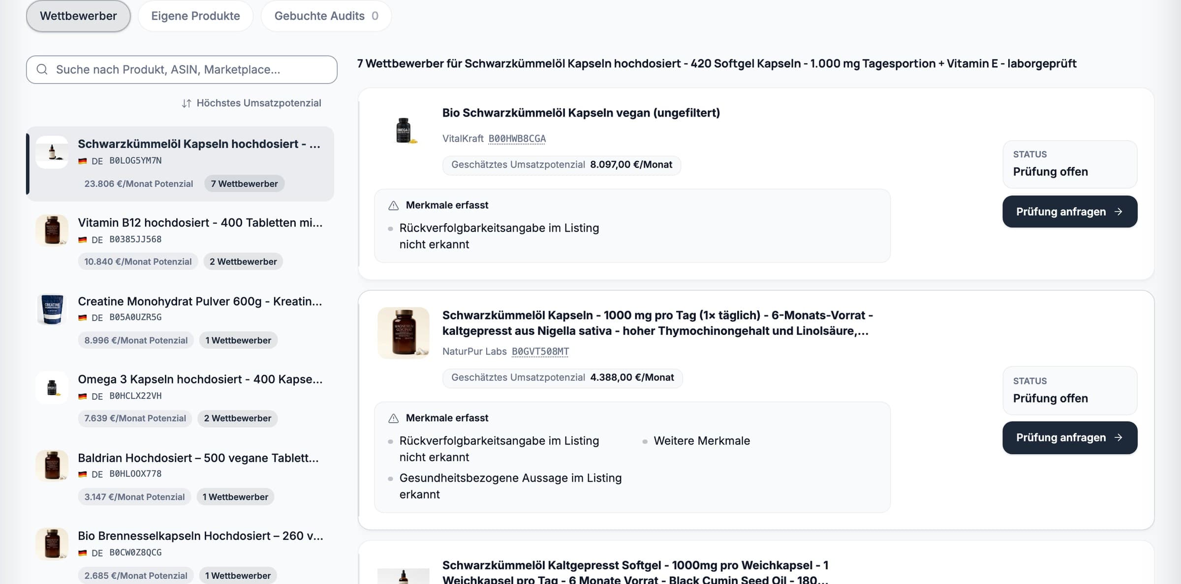 Refix Compliance-Dashboard mit erfassten Merkmalen und geschätztem Umsatzpotenzial je Wettbewerber-Listing