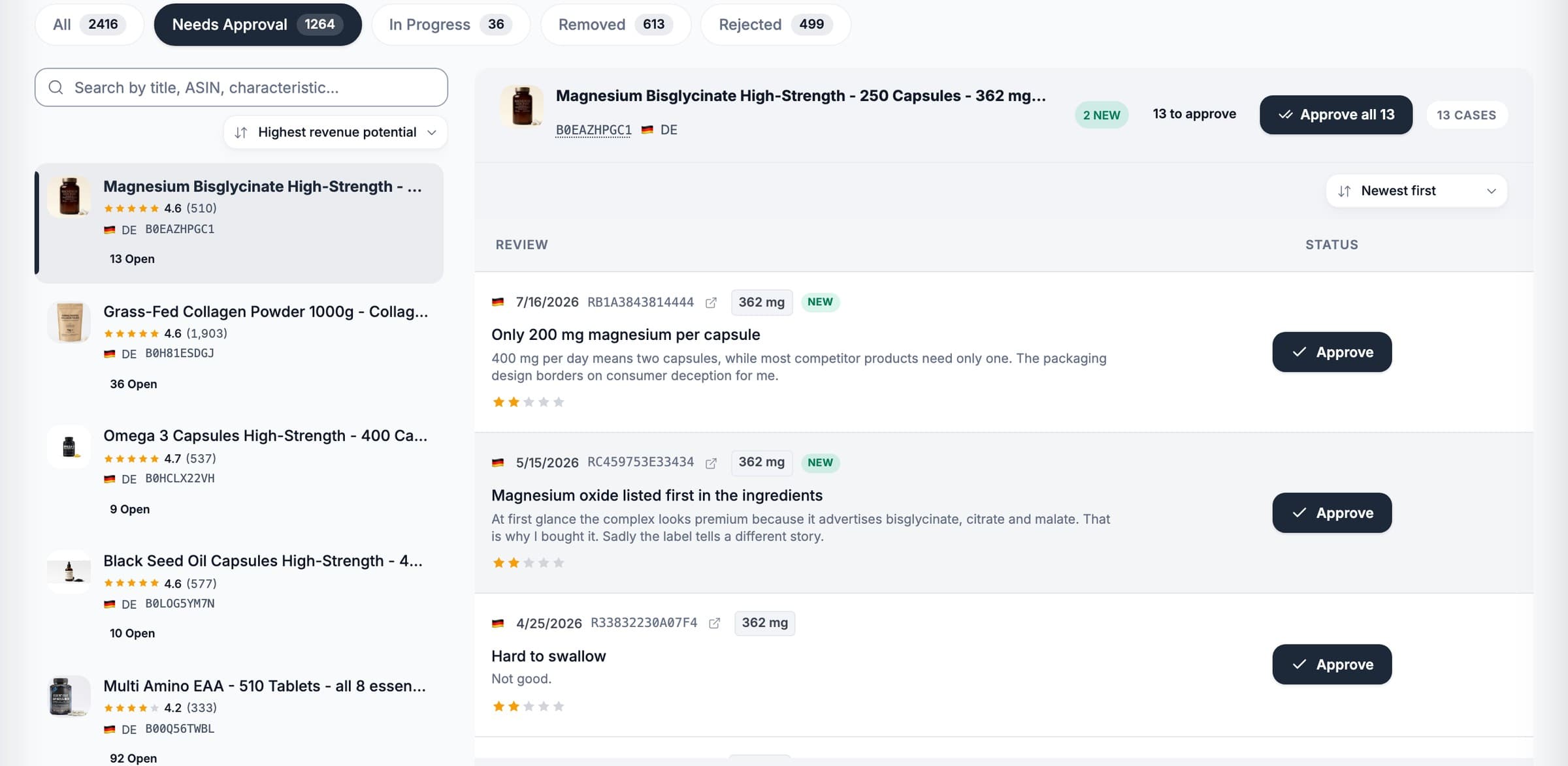 Refix reviews dashboard showing detected attributes and case selection for legal review by a partner law firm