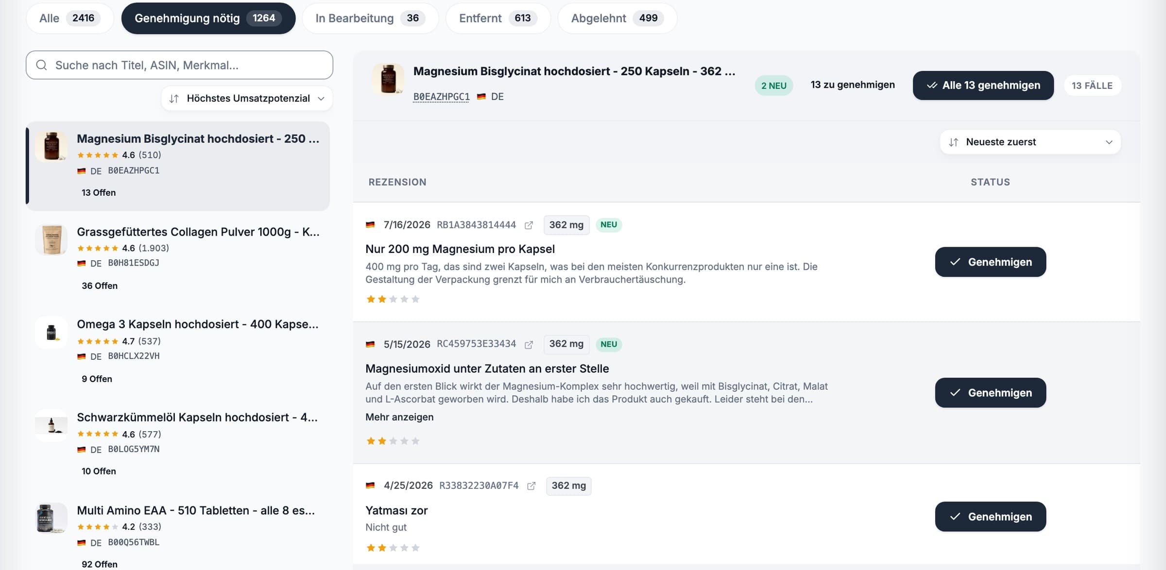 Refix Rezensionen-Dashboard mit erfassten Merkmalen und Auswahl zur Prüfung durch eine Partnerkanzlei